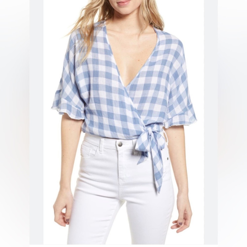 RAILS Athena Crop Wrap Gingham Blouse - blue & white, size small